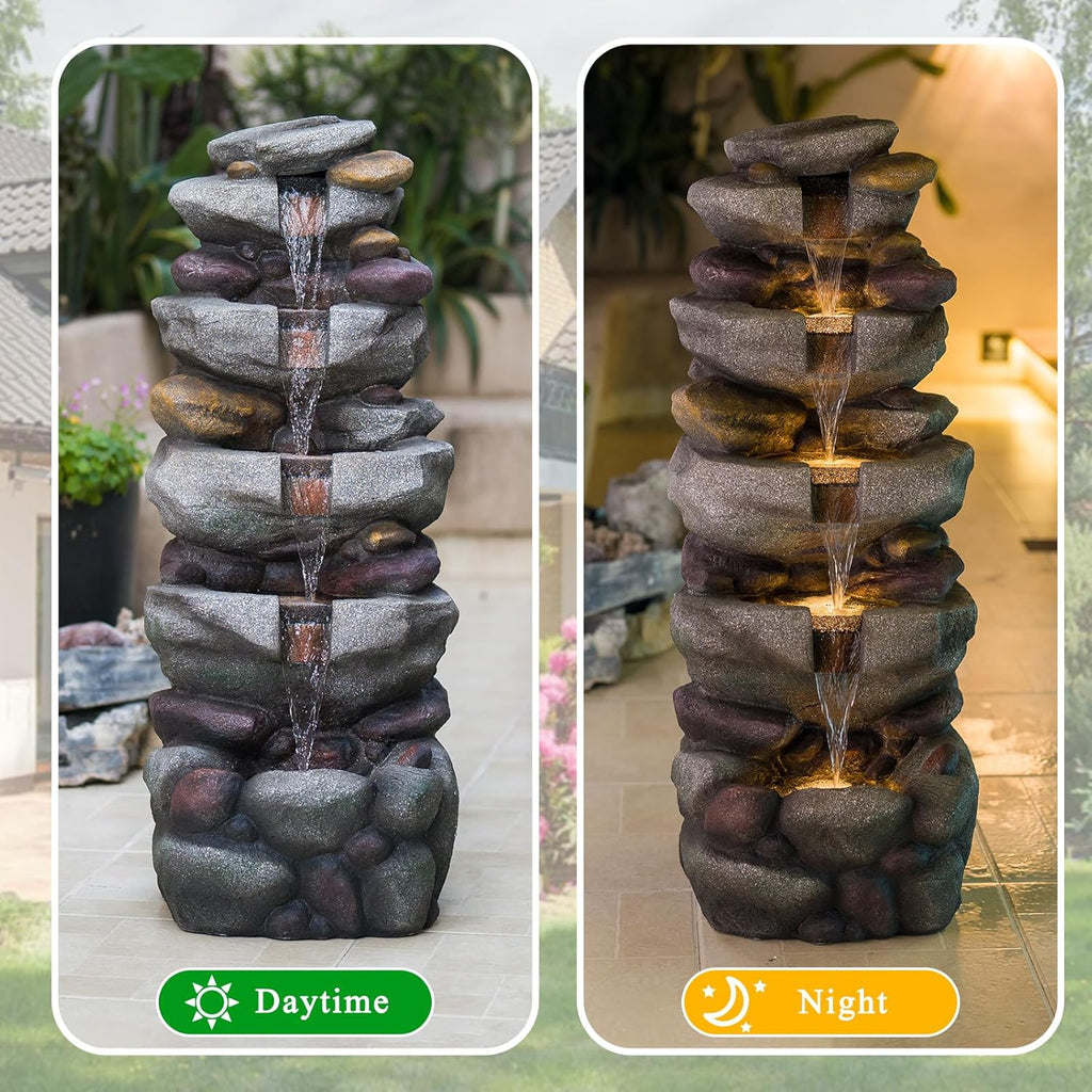 39" Stacked Rock Design Outdoor Freestanding Water Fountain, Floor Fountain with LED Lights and Pump