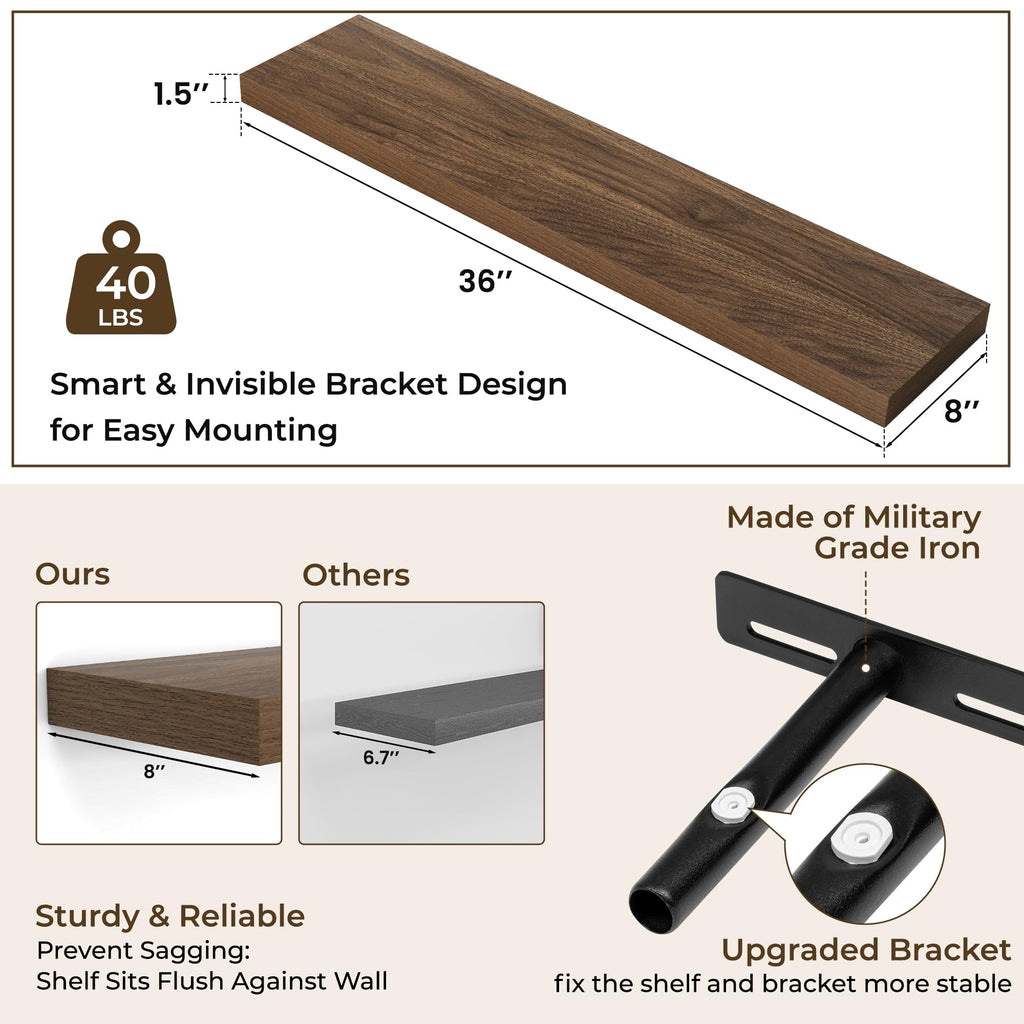 36Inch Floating Shelves for Wall 2Pack, Walnut, 8" Deep