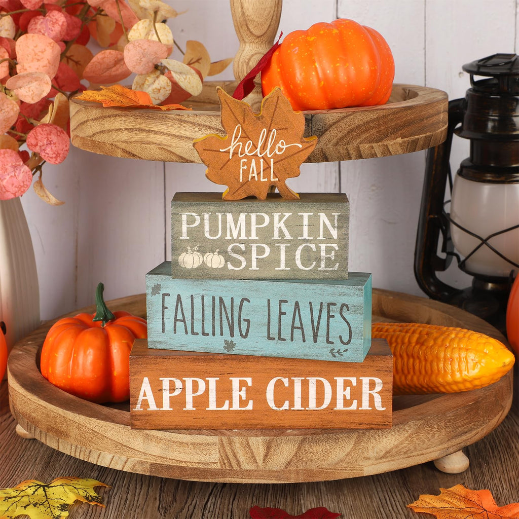 Fall Decorations Wooden Signs, 4 Sets Double Sided Rustic Farmhouse Fall Tiered Tray Decor, Pumpkin Spice Wooden