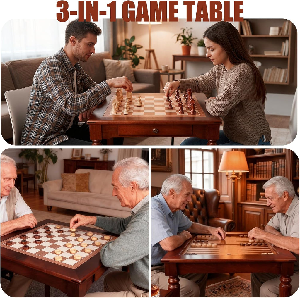 GSE Deluxe 3-in-1 Chess Checkers Backgammon Game Table Set with Game Pieces - Set of 32