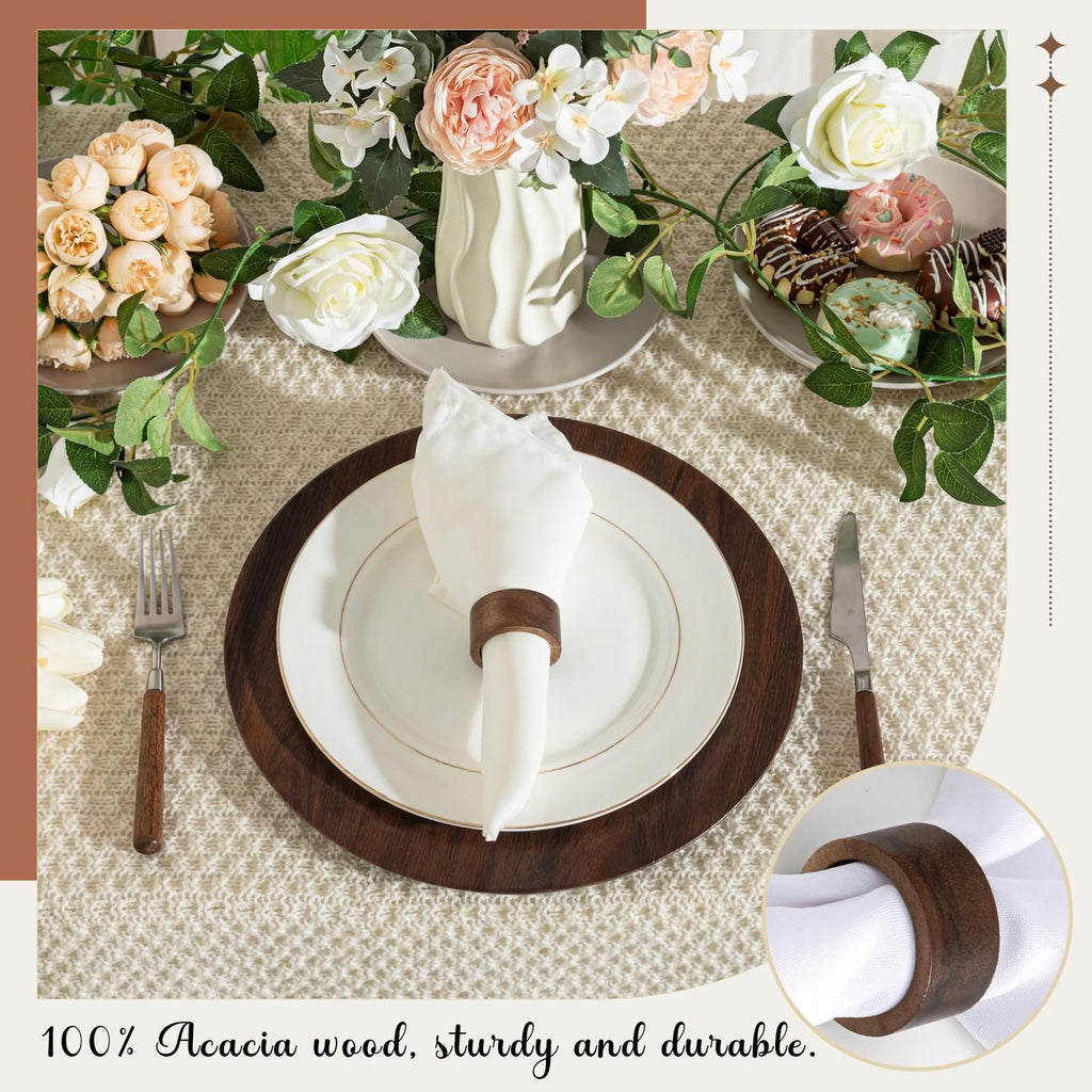 24 Pack 13" Brown Round Chargers for Dinner Plates, 12 Pcs Handmade Acacia Wood Napkin Ring, Farmhouse Faux Wood