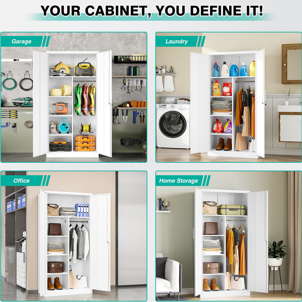 White Wardrobe Cabinet with Lock and Hanging Rod, 72" Armoire Closet with Shelf, Lockable Storage Locker, Metal Storage