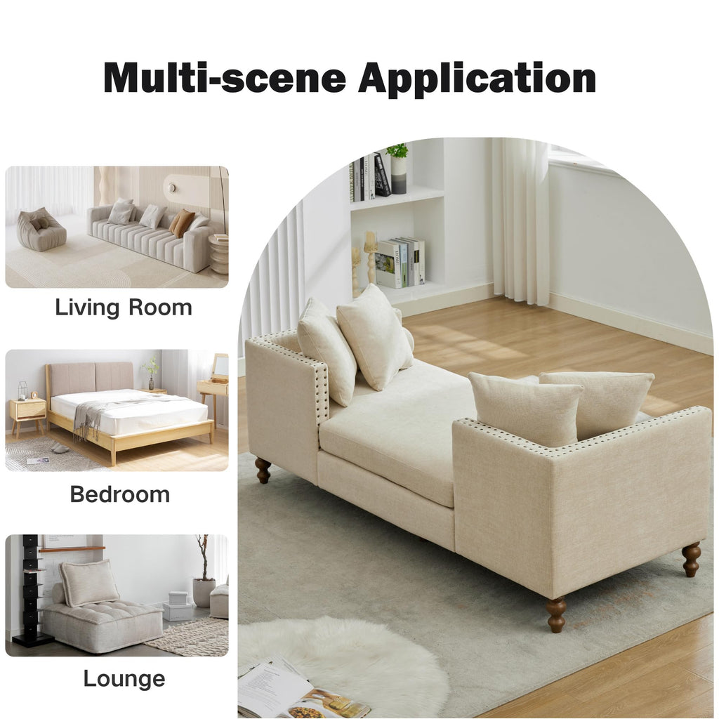 75.2" W Retro Oversized Chaise Lounge Chair Indoor with Left & Right Armrest, 6 Pillows, Solid Wood Legs, Beige