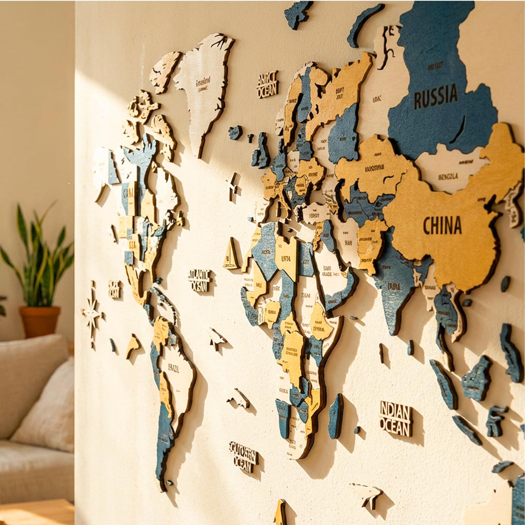 Layered 3D Wooden World Map Wall Art (XXL, Gold-Blue)