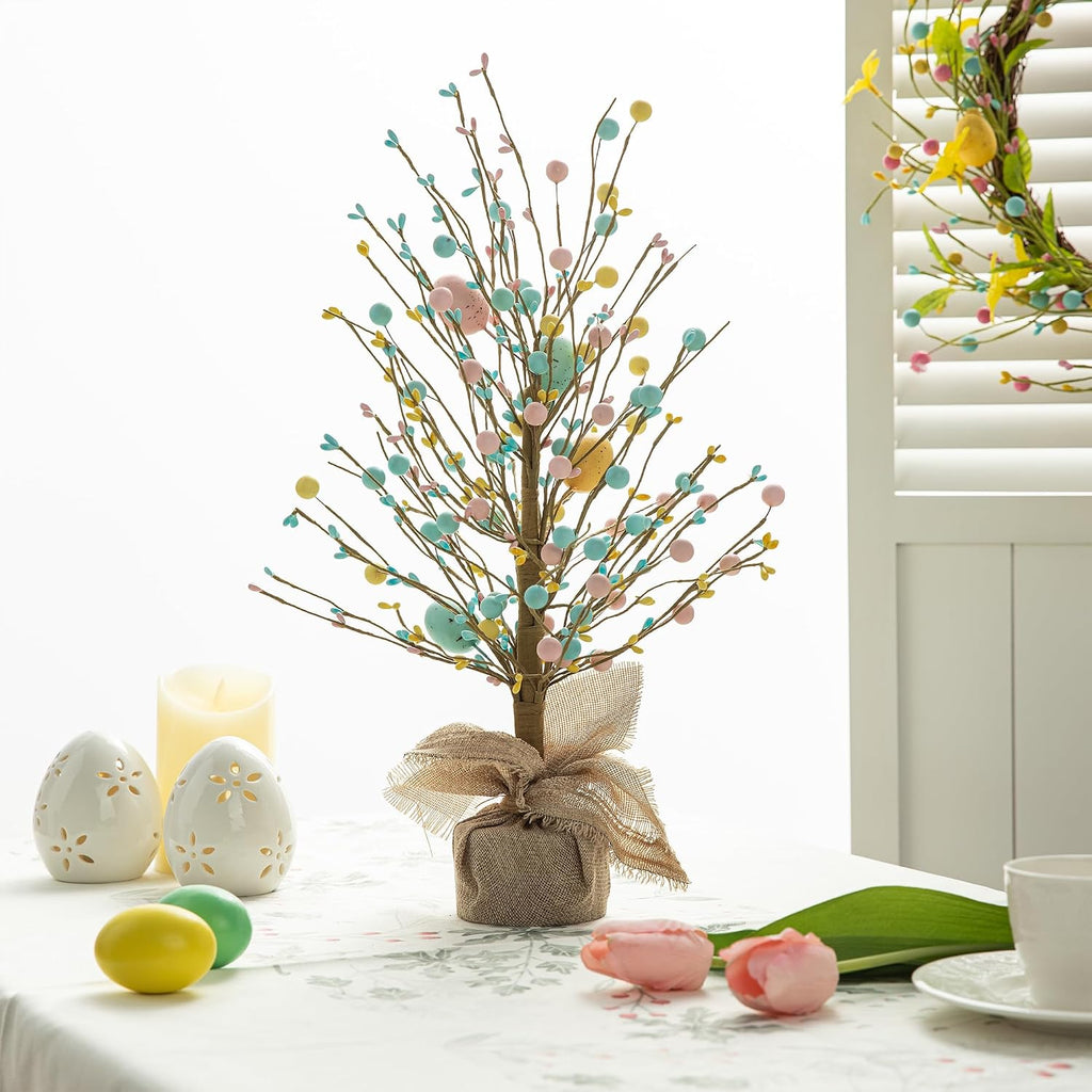 Easter Eggs Table Tree with Burlap Base Decorative Table Tree Decor for Spring Easter Party Supplies Props,18" H