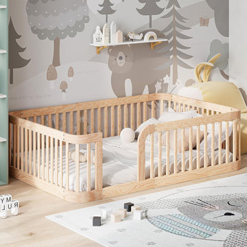 Floor Bed with High Fence & Entrance, Natural Floor Bed for Kids