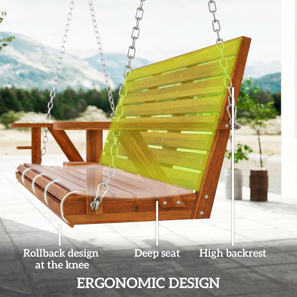 Upgraded Wooden Porch Swing 3-Seater, 5 FT Outdoor Patio Swing Bench with Cupholders, Hanging Chains, Swing Chair