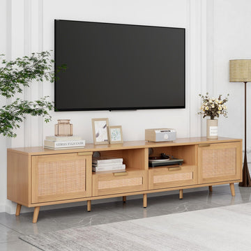 Rattan TV Stand for 85''+ TV, Mid Century Modern Entertainment Center with Rattan Decor Doors, Wood TV Console with 2
