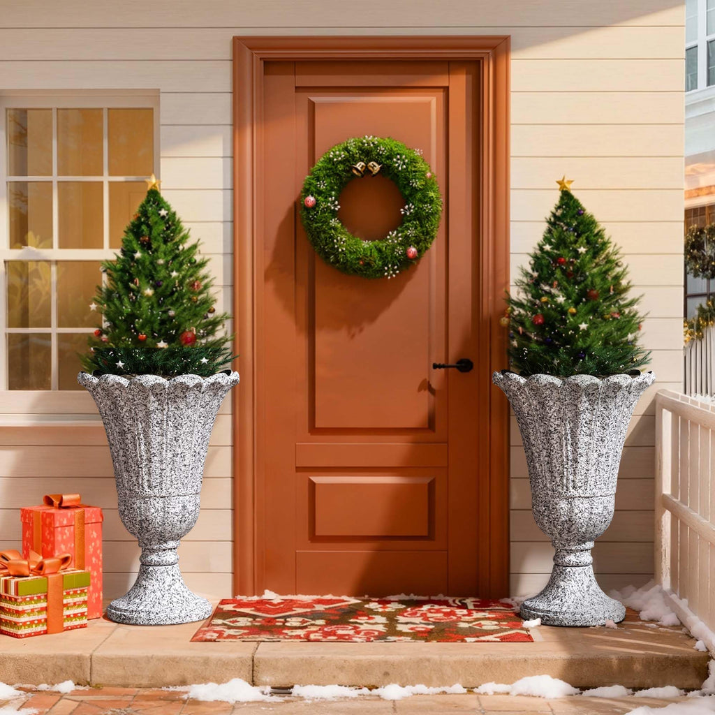 Tall Plastic Urn Planters and Pedestal - 24" Outdoor Planter Grey
