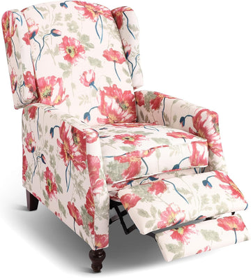 Upholstered Wingback Recliner Chair, Traditional Push Back Recliner Chair with Padded Seat, Fabric Floral Chair