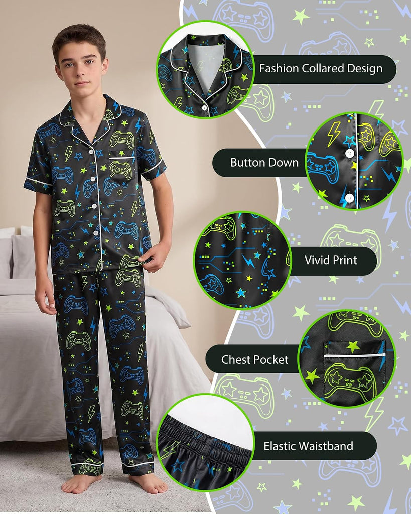 Boys Pajamas Silky Satin Piece Pant Shirt Shorts Sleepwear Pjs Set for Kids Button Down Loungewear