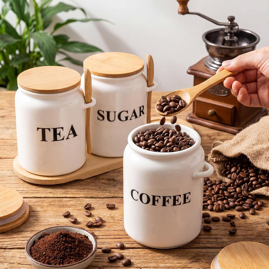 Coffee Sugar and Tea Canister Set with Tray and Spoon 27 oz Ceramic Farmhouse White Container Jar - Set of 3