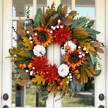 24 Inch Fall Eucalyptus Wreath for Front Door with Dahlia & Sunflower