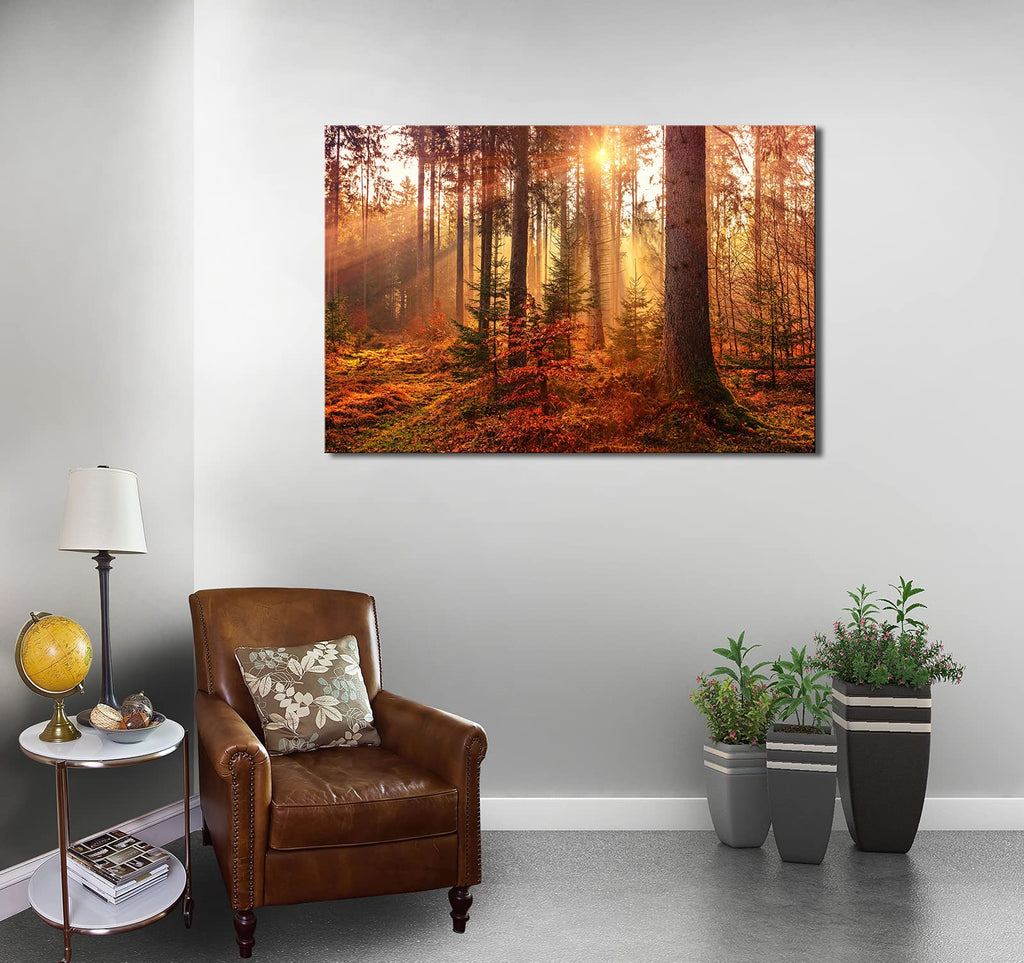 Mystery Forest Light Wall Art, Nature Landscape Pictures Canvas Prints Wall Decor, Autumn Trees Paintings Hang