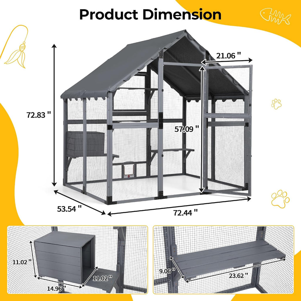 Large Cat Enclosure Catio Outdoor Walk-in Cat House, Grey