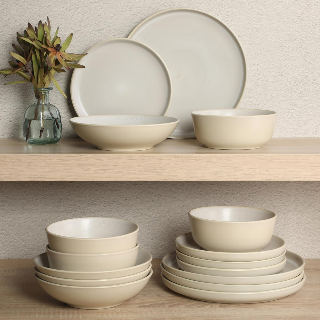 Tribeca Loft 16-Piece Dinnerware Set - Matte Cream and White Reactive Glaze Stoneware, Double Bowl Round Plates