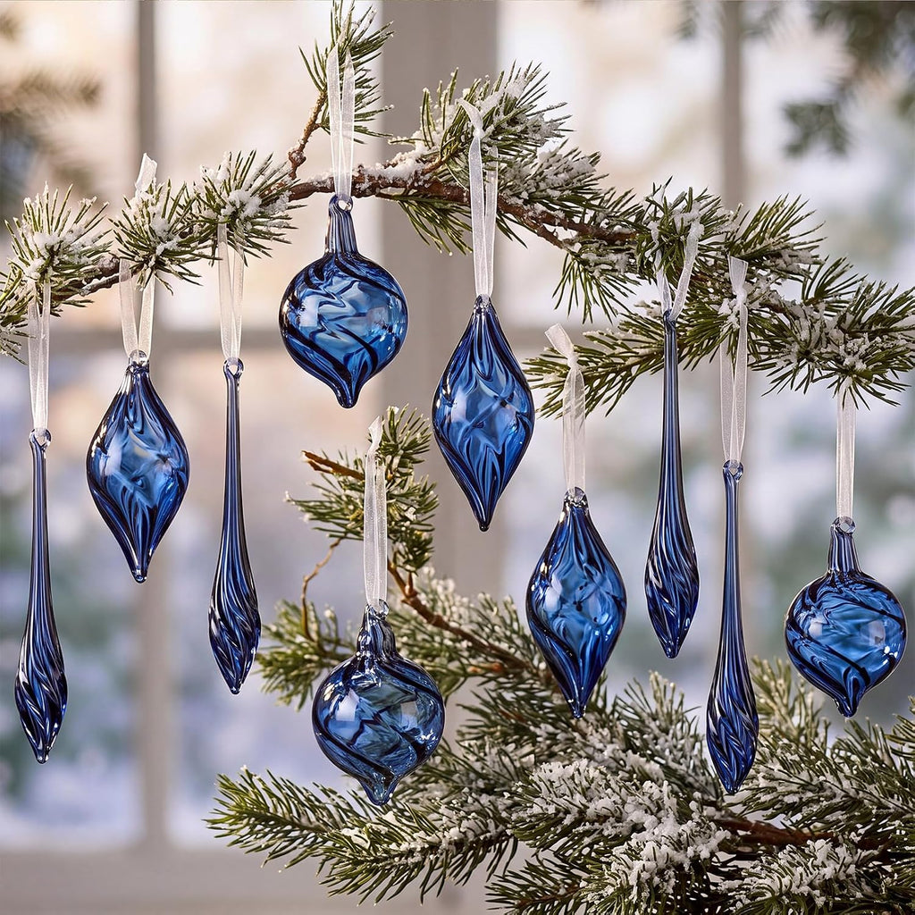 12 Pcs Blue Glass Christmas Ornaments Hand Blown Tree Ornaments