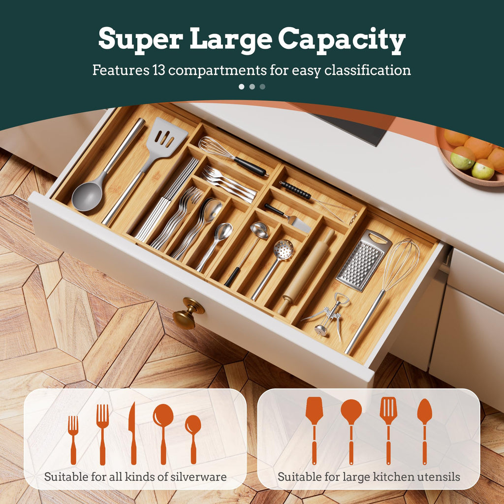 Silverware Organizer Large, Magnetic Connected Expandable 13 Slots Silverware Drawer Organizer From 21 to 37.4