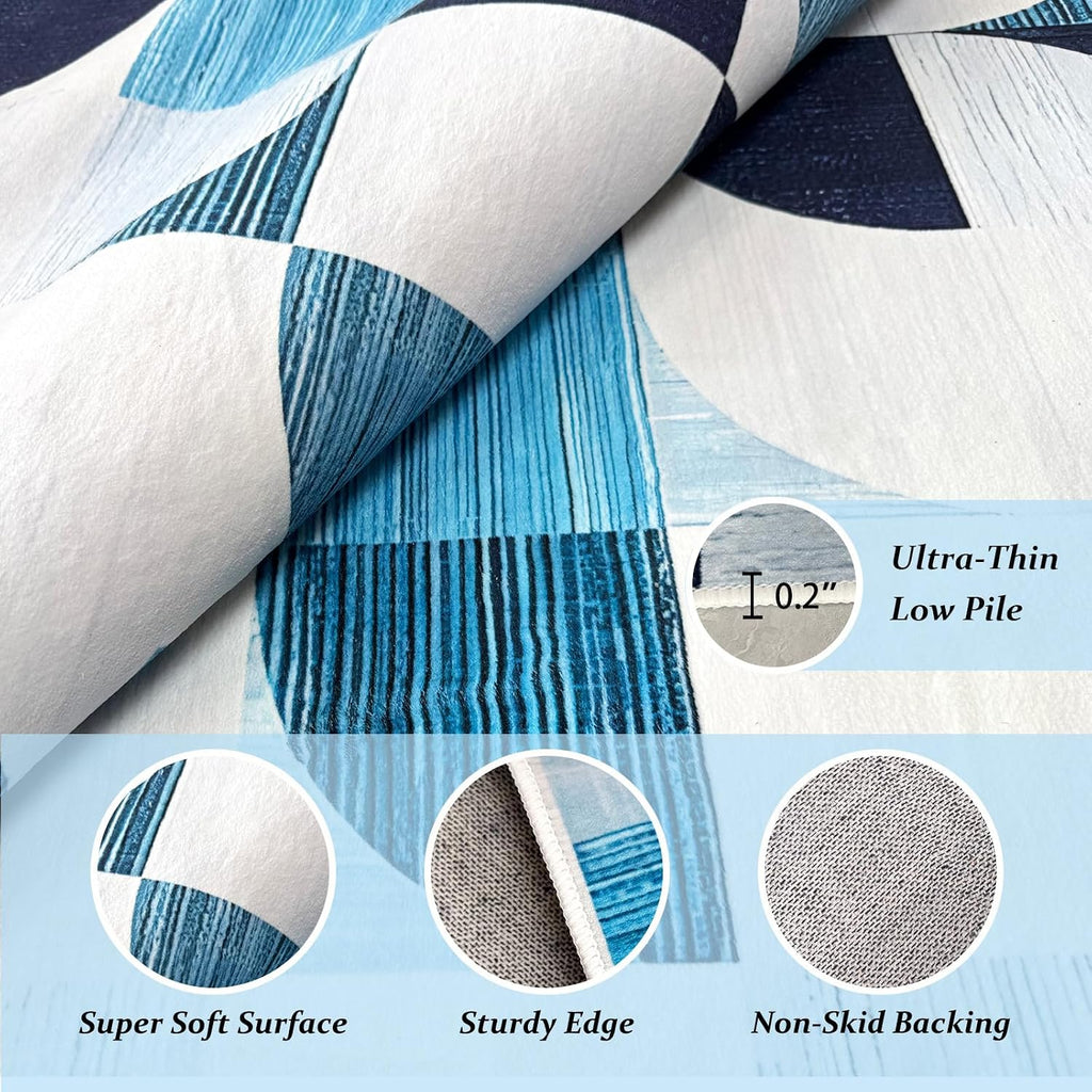 Washable Area Rug Geometric Style Modern Rugs, Blue Checkered Rug Soft Low Pile Lightweight Rugs Indoor Non Slip