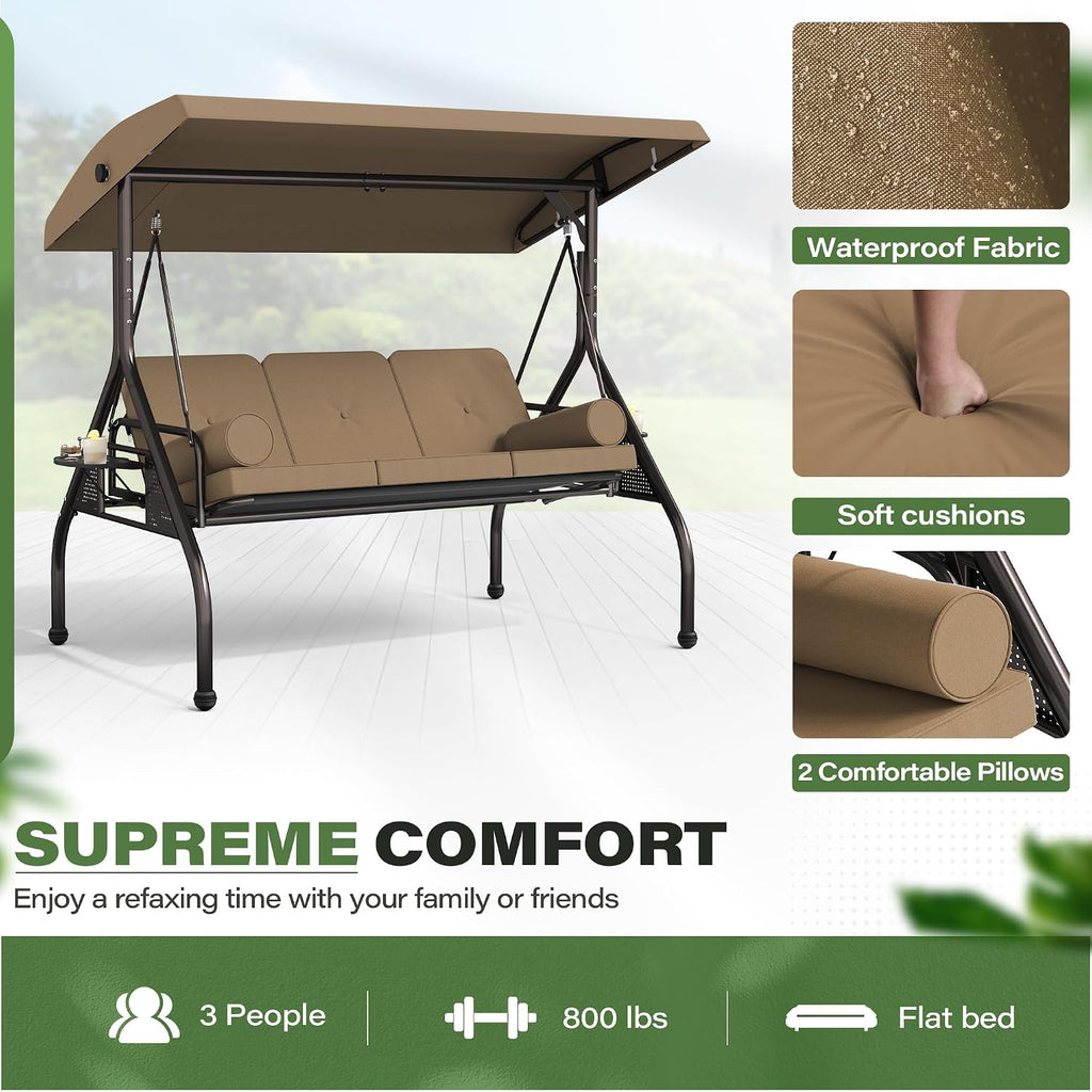 Outdoor 3 in 1 Porch Swing Chair, 3 Seat Patio Swing Glider with Adjustable Canopy, Heavy Duty Swings with Thickened