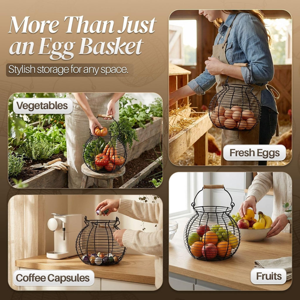 Wire Egg Basket for Collecting Fresh Eggs, Black Countertop Holder