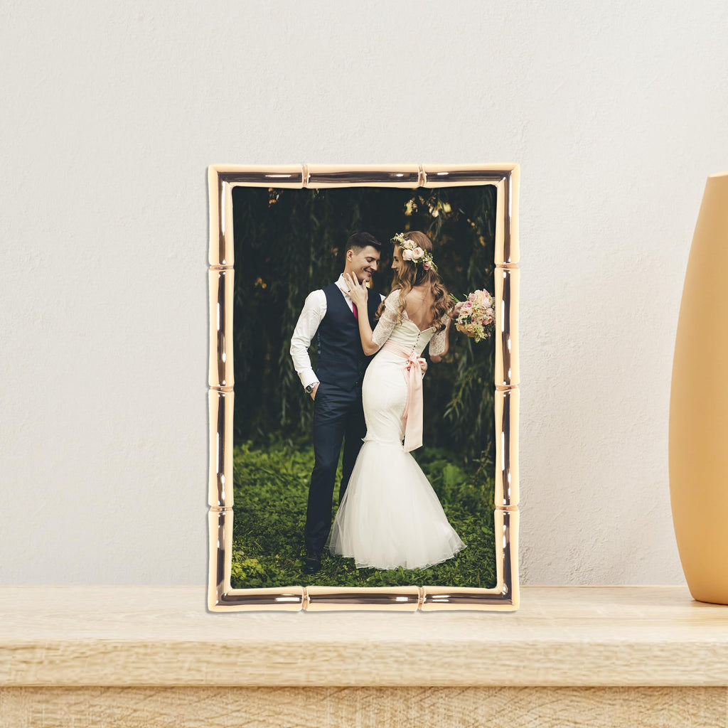 4-Inch W x 6-Inch H Gold Metal Picture Frame with Bamboo Design