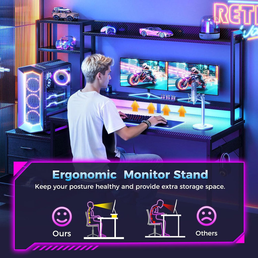 48 Inch Gaming Desk with Shelves & Hutch & 3 Drawers & LED Light | Reversible PC Desk with Tower Stand & Power