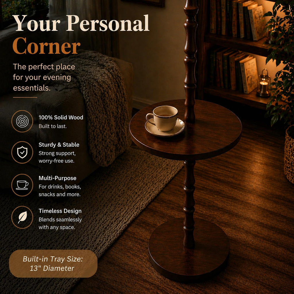 Real Wood Floor Lamp with Built-in Tray, Remote Control, Adjustable Brightness & 3 Color Temperatures, Dimmable