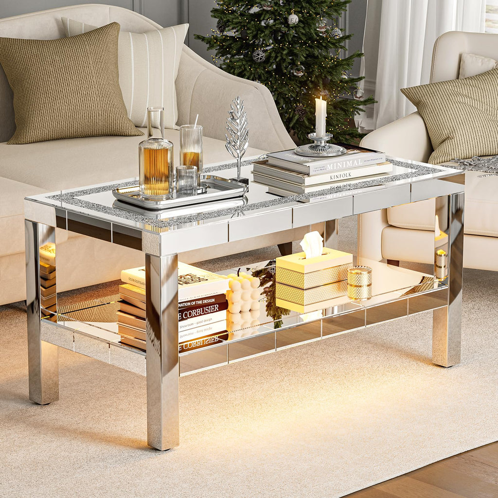 Mirrored Coffee Table with 2 Tiers Storage & LED Light
