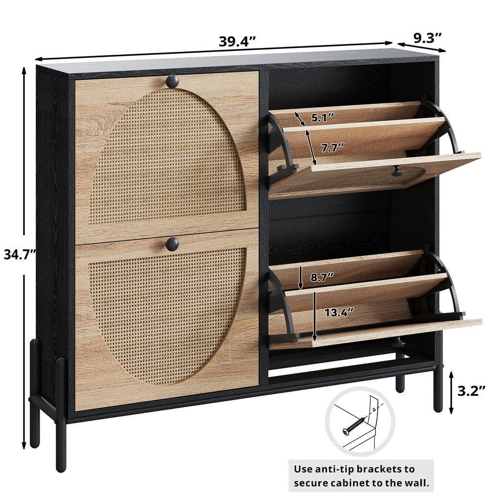 Rattan Shoe Cabinet Storage with 4 Flip Drawers, Black
