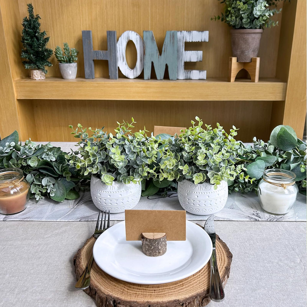 Set of 2 Small Artificial Potted Plants Faux Eucalyptus Plant in White Geometric Ceramic Pots Small Desk Potted