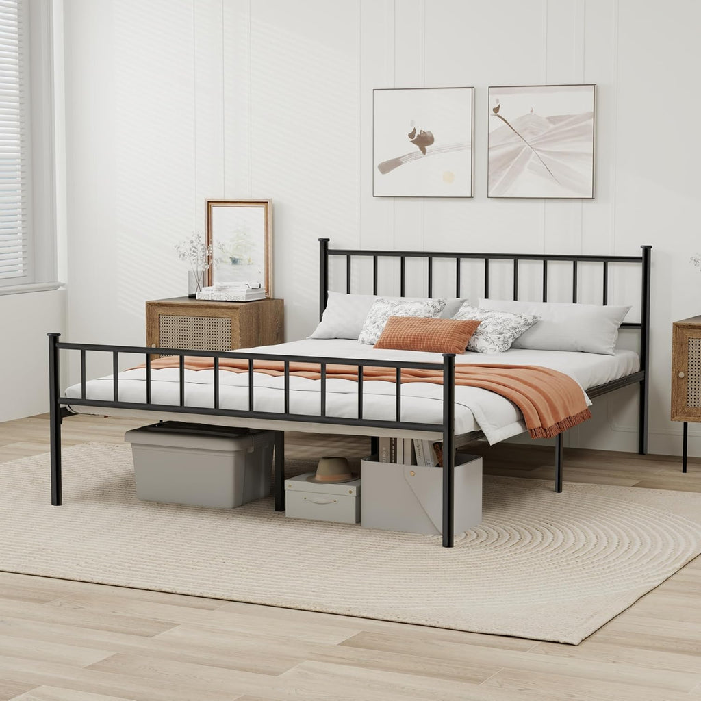 Metal Platform King Bed Frame with Headboard Sturdy Steel Slats Support No Box Spring Needed Easy Assembly Black