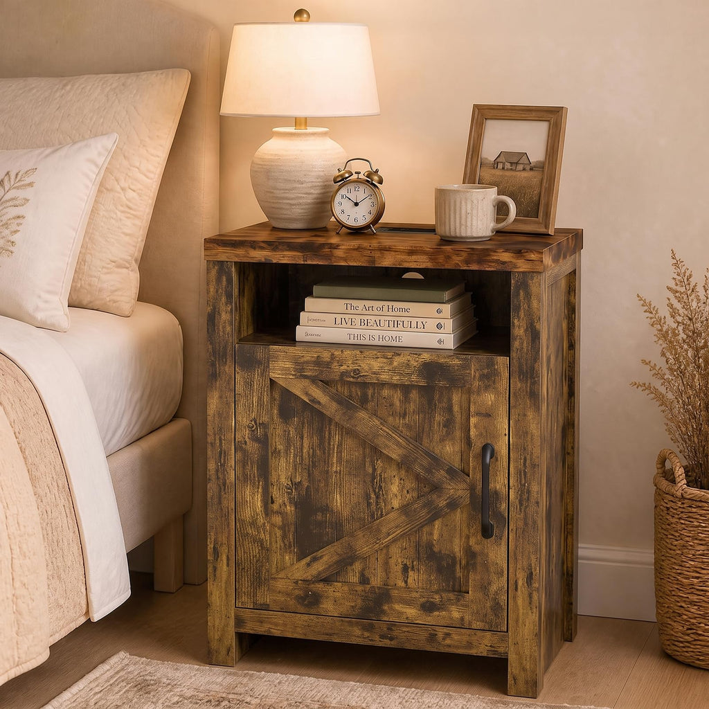 Farmhouse Nightstand with Charging Station, Couch Side Table Set of 2, Bedside Table with Storage Space, End Tables