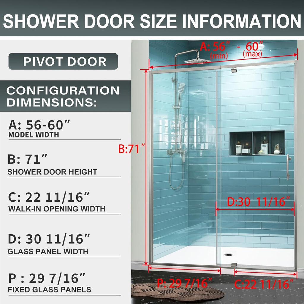 56-60" W x 71" H Piovt Swing Glass Shower Door
