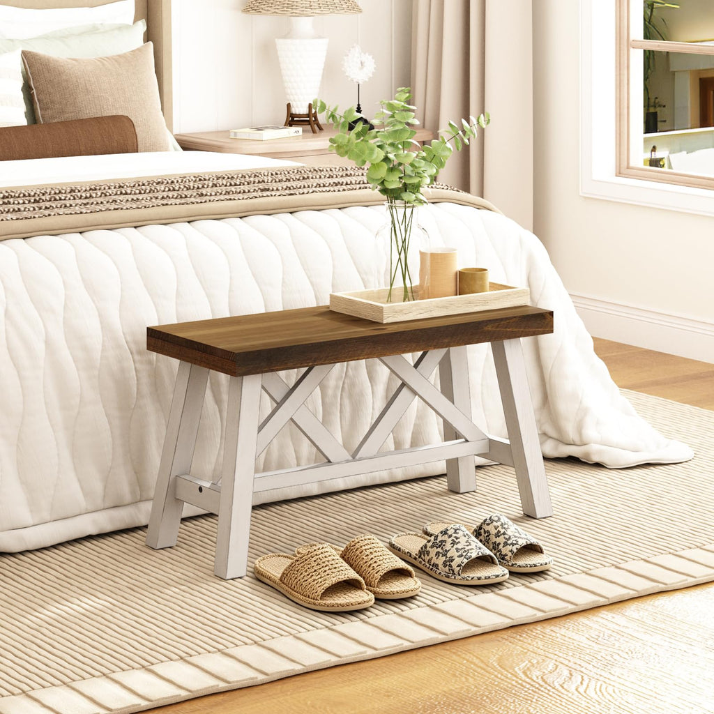 30" Farmhouse Solid Wood Bench, Rustic Entryway Bench, White