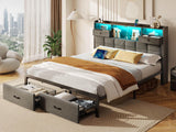 Bed Frame Full with Drawers and Charging Station, Upholstered Platform Bed with Storage Headboard and LED Light
