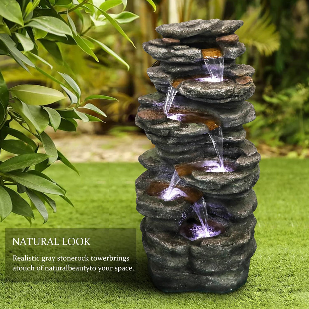 40" High 6-Tiers Cascading Rock Outdoor Water Fountain with LED Lights