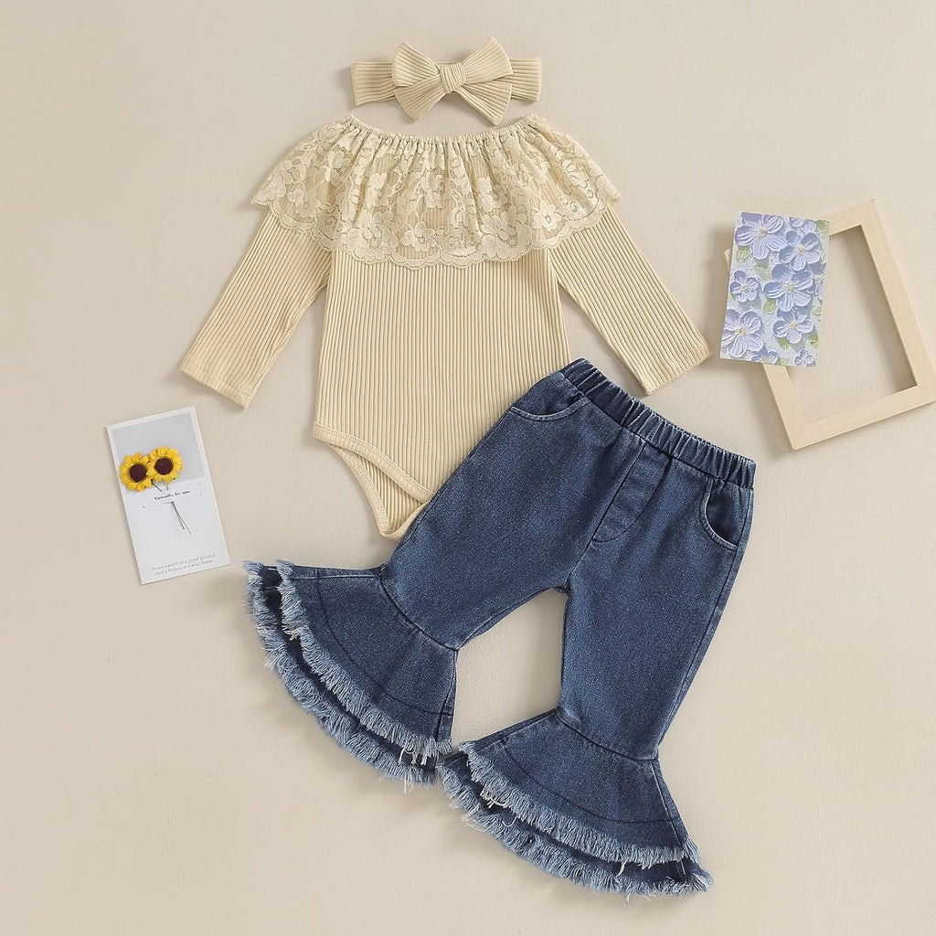 Girl Clothes Lace off shoulder knit sweater Romper Bodysuit Flare Pants Bow headband set 3Pcs Newborn Fall Outfit