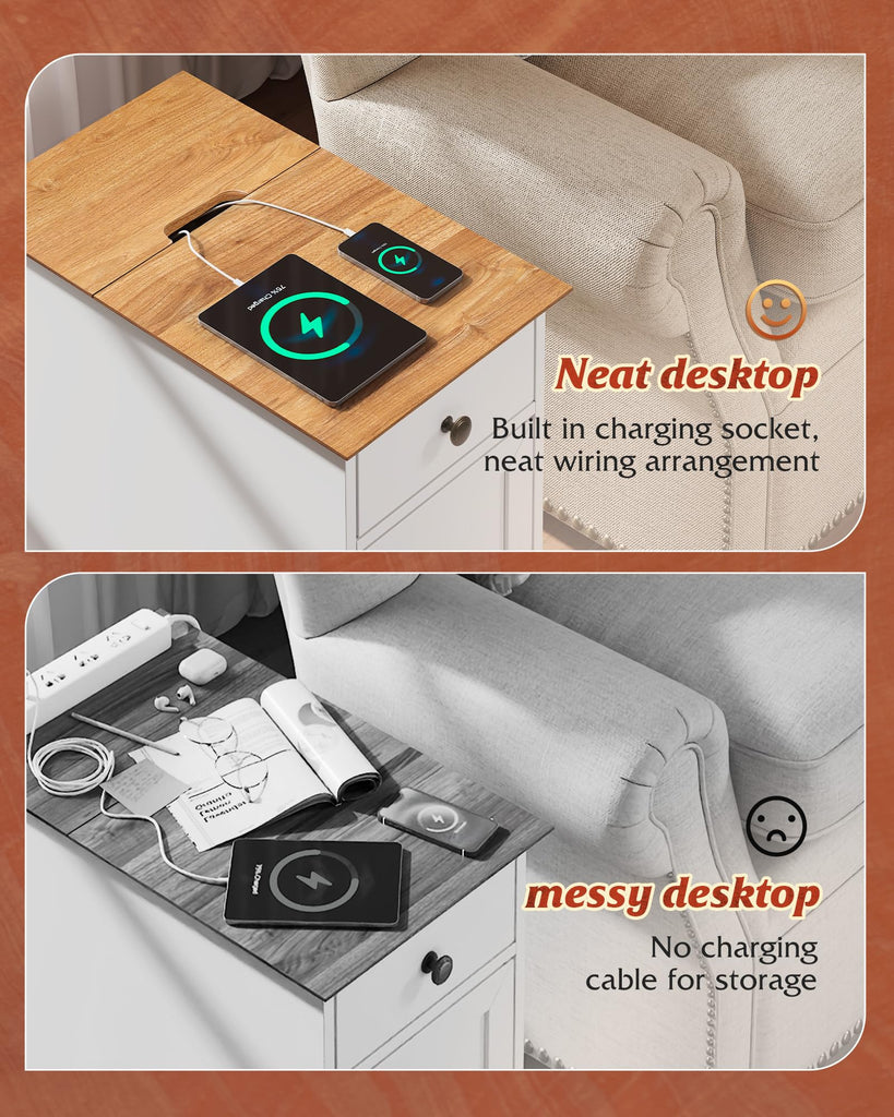 End Table with Charging Station, Narrow Sied Table with Drawer & Cabinet, Side Table with Adjustable Shelf /Bedroom