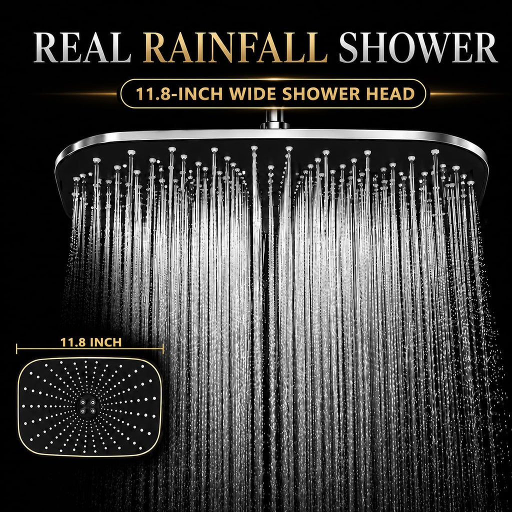 High Pressure Rain Shower Head with Handheld, 11.8-Inch Large Rainfall Shower Head Combo with 3-Way Diverter, 15-Inch