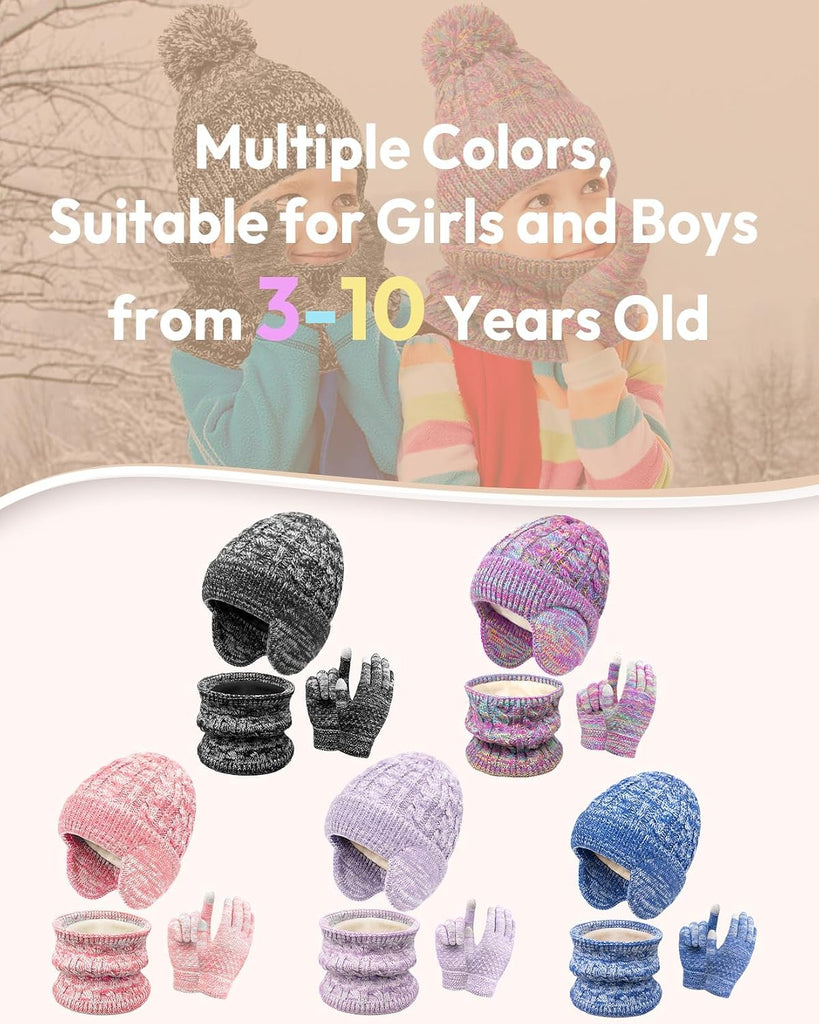 Kids Winter Hat Gloves Scarf Set,Toddler Girls Boys Beanie Hat with Earflaps,Knit Mittens & Neck Gaiter Warmer