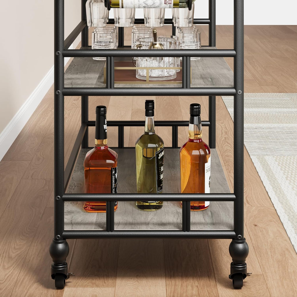Bar Cart, Bar Carts for The Home, 3 Tier Serving Cart with Wheels, Home Bar & Serving Carts, Metal Rolling Cart with
