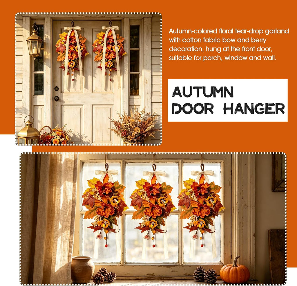 Fall Lantern Teardrop Swag with Bow 16" Mini Autumn Floral Swag with Peony Wheat Maple Leaves Thanksgiving - Set of 6