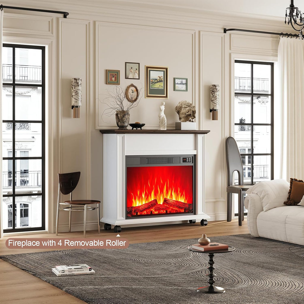 Farmhouse Electric Fireplace TV Stand with Mantel, White Entertainment Center with 23 Inch Fireplace Heater and Rolling Base for Living Room or Bedroom