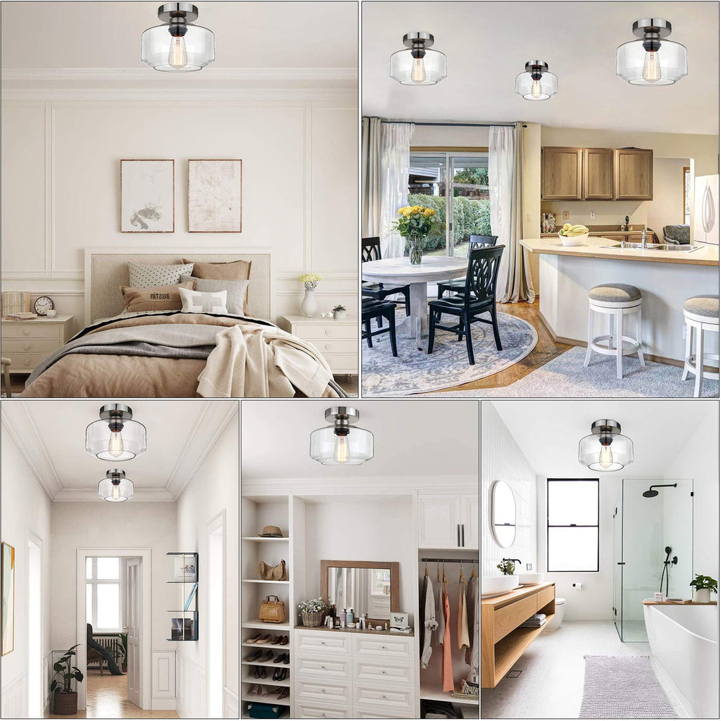 Industrial Semi Flush Mount Ceiling Light Brushed Nickel, Clear Glass Pendant Lamp Shade Farmhouse Lighting Hallway