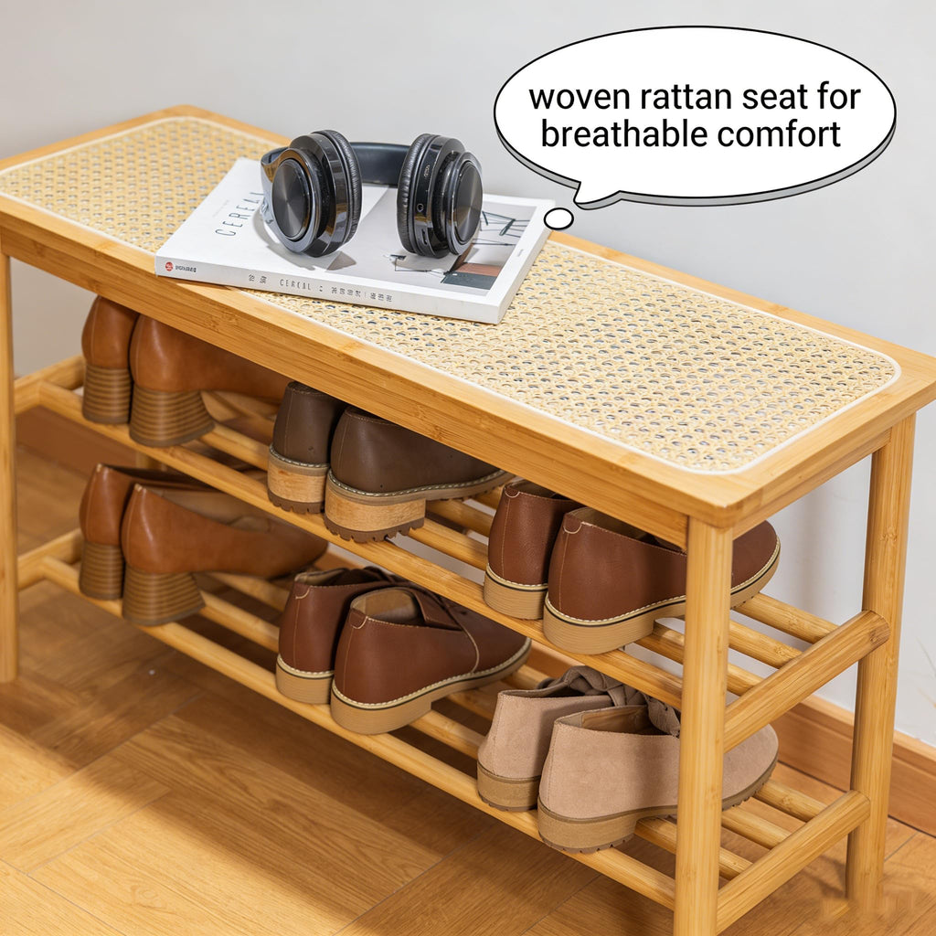 Shoe Rack Bench, 3-Tier Bamboo Shoe Bench with Breathable Rattan Seat Cushion, Shoe Storage Rack (Nautre, 31.50''L)