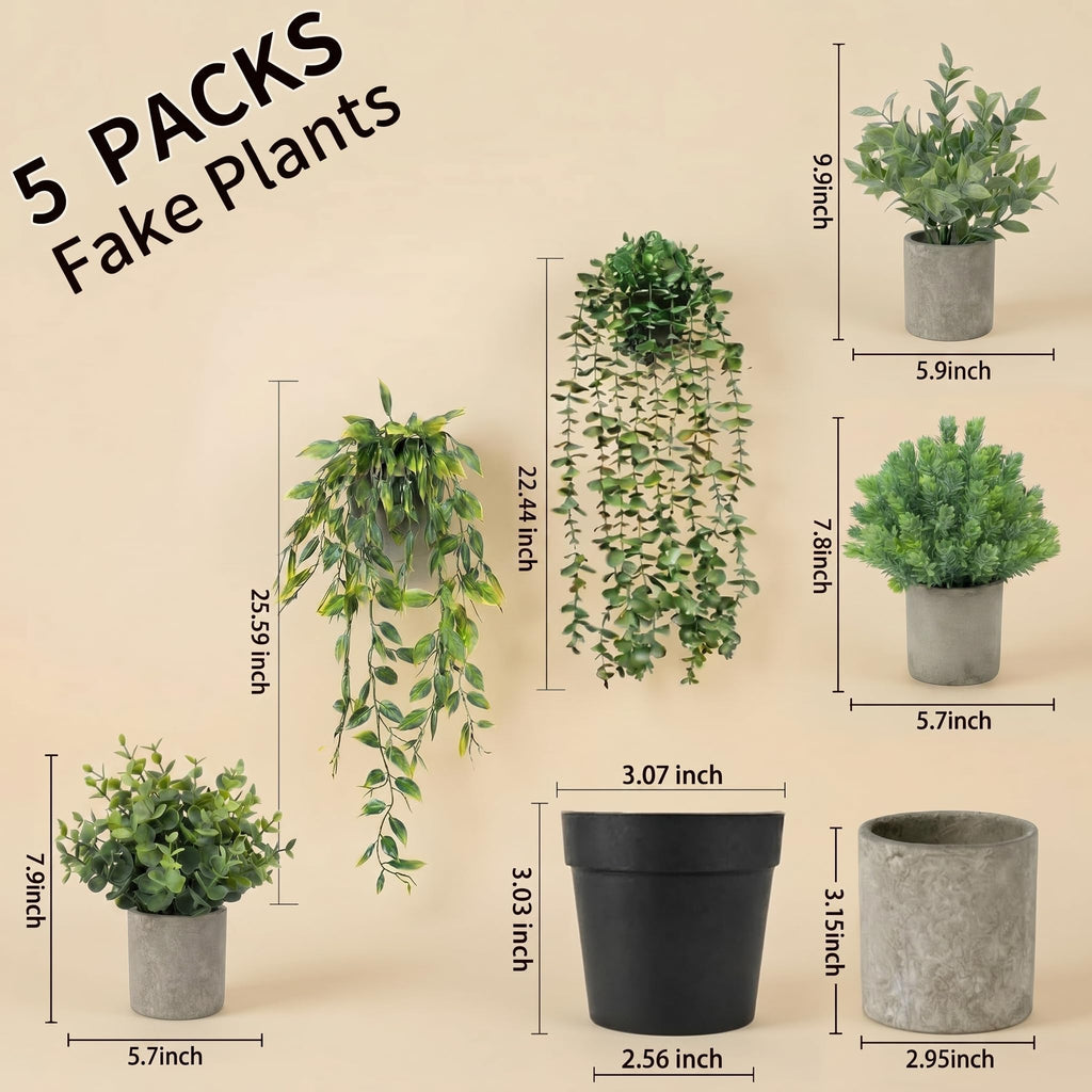 Artificial Hanging Plants 5 Pack - Small Fake Potted Ivy Plants for Indoor or Outdoor Décor, Wall Shelf Home Office
