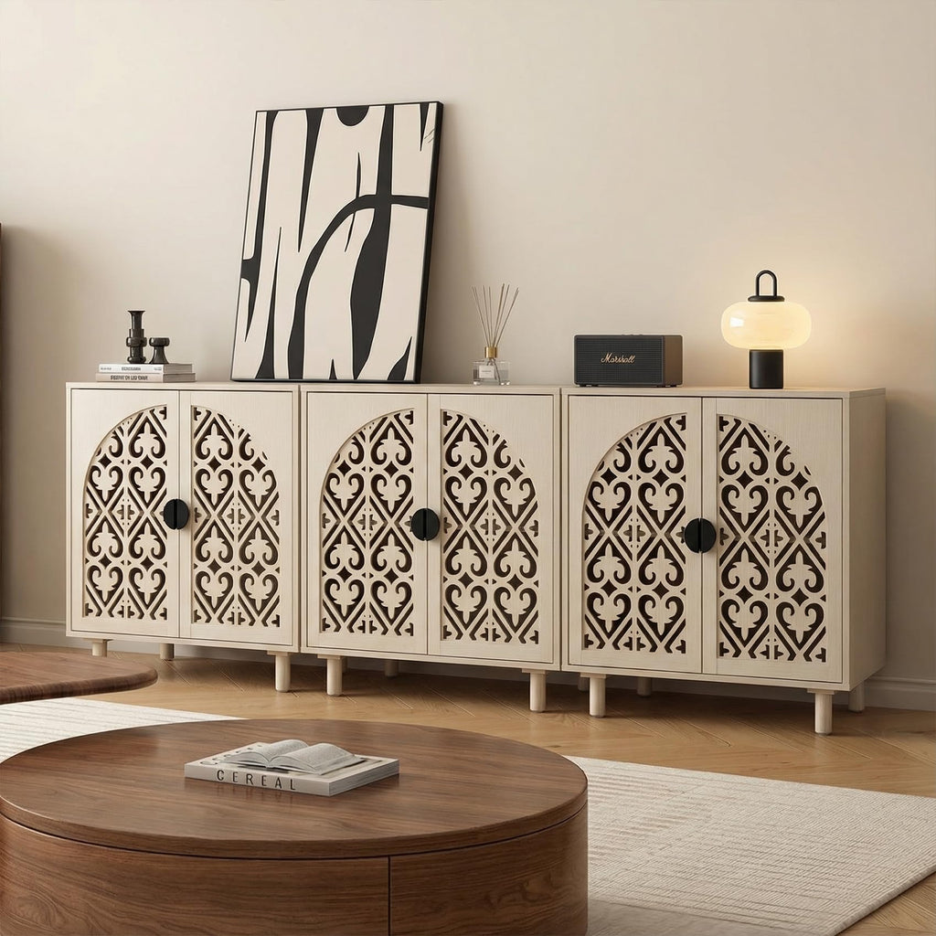 2 Doors Decorative Hollow Carved Storage Cabinet Sideboard, Natural, 1pc.