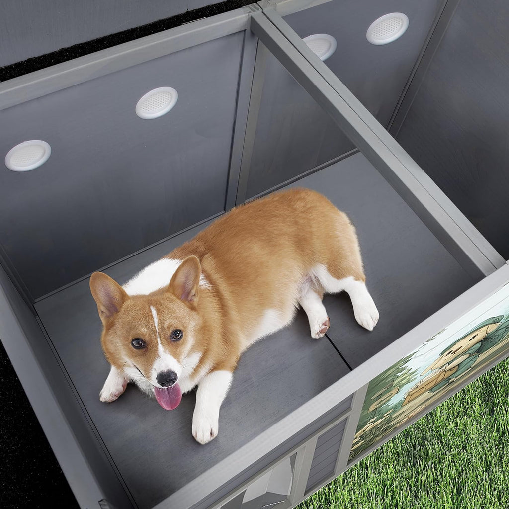 Large Dog House Outdoor, 59" Wooden Insulated Pet Kennel with Asphalt Roof, Weatherproof Pets Shelter with Slow Food