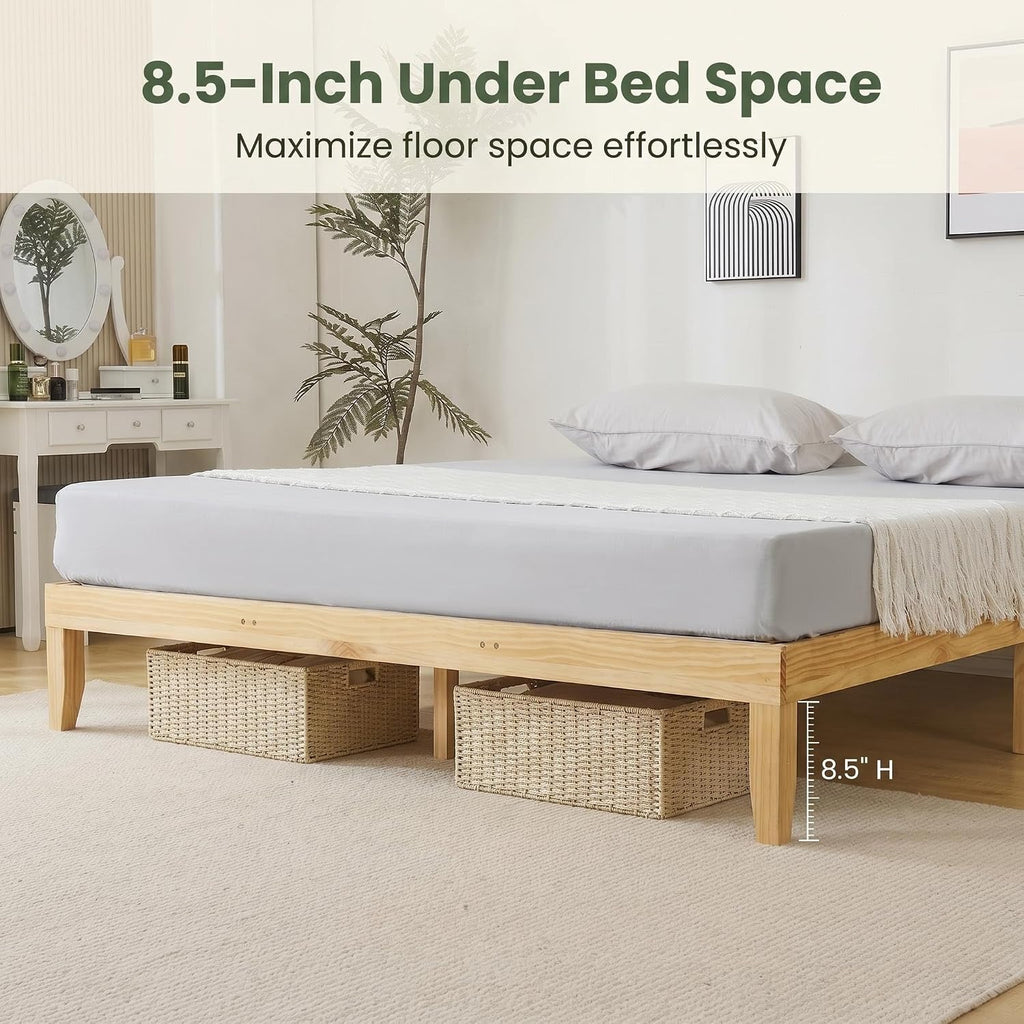12 inch H King Size Japanese Solid Wooden Bed Frame, Mid-Century Natural Wood Platform Bed, Pine Wood Low Bedframe